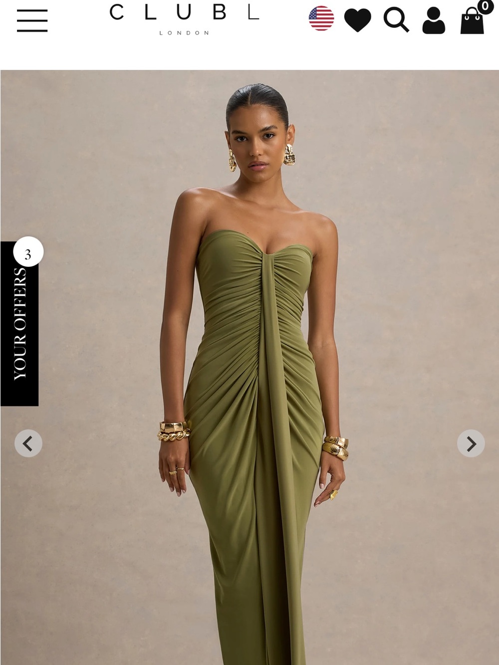 Club L London Olive Green Strapless Ruched Column Dress